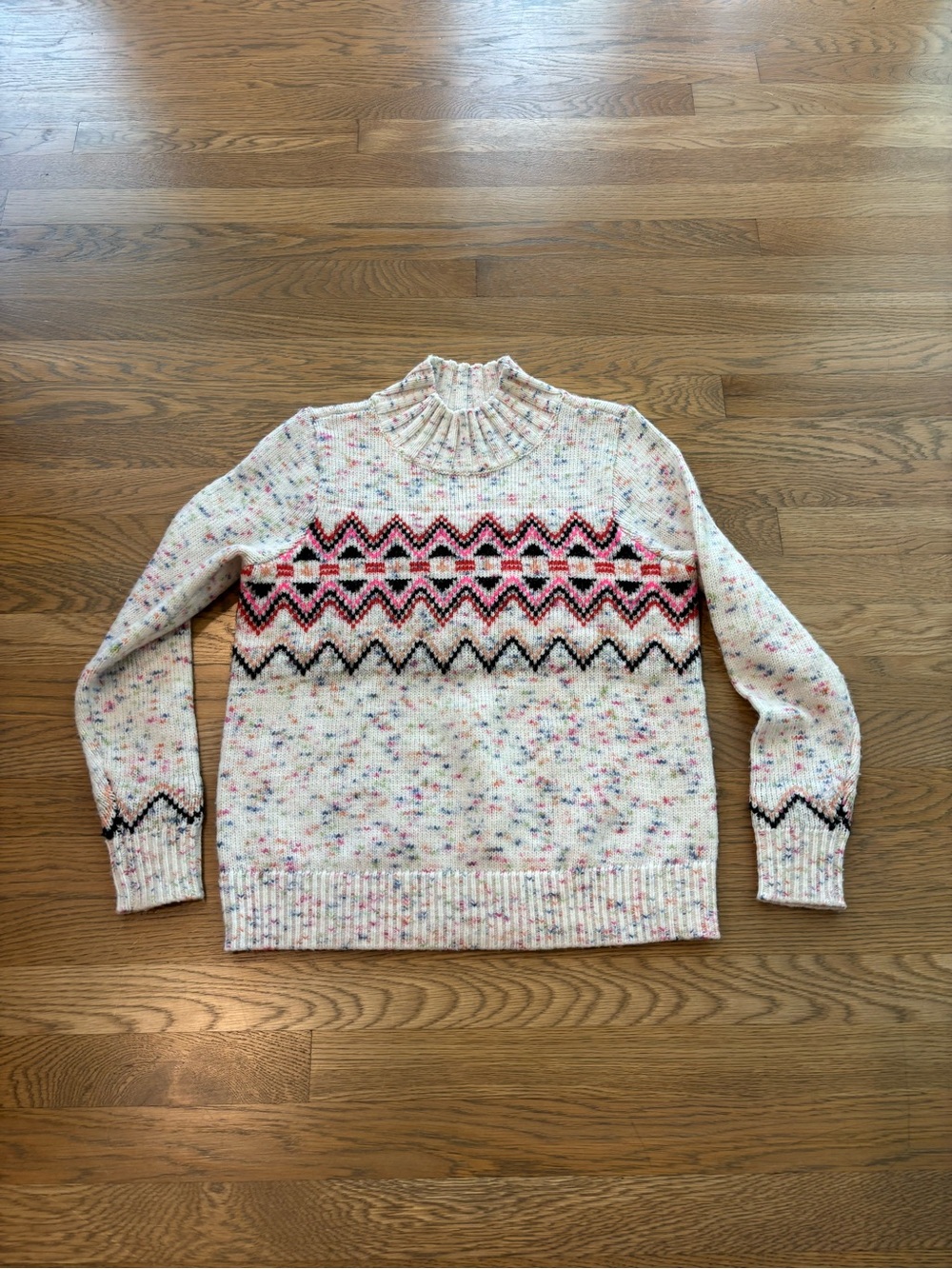 LOFT Cream Fair Isle Mock Neck Sweater with Pink and Black Accents